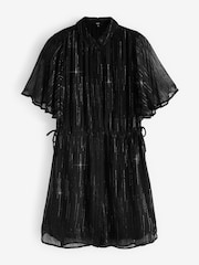 Schwarz, Glitzer - Minikleid mit Taillenschnürung und Flatterärmeln - Bild 4 von 5