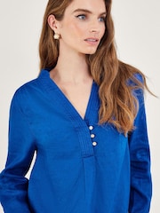 Monsoon Blue India Linen Overhead Neru Collar Blouse - Image 3 of 7