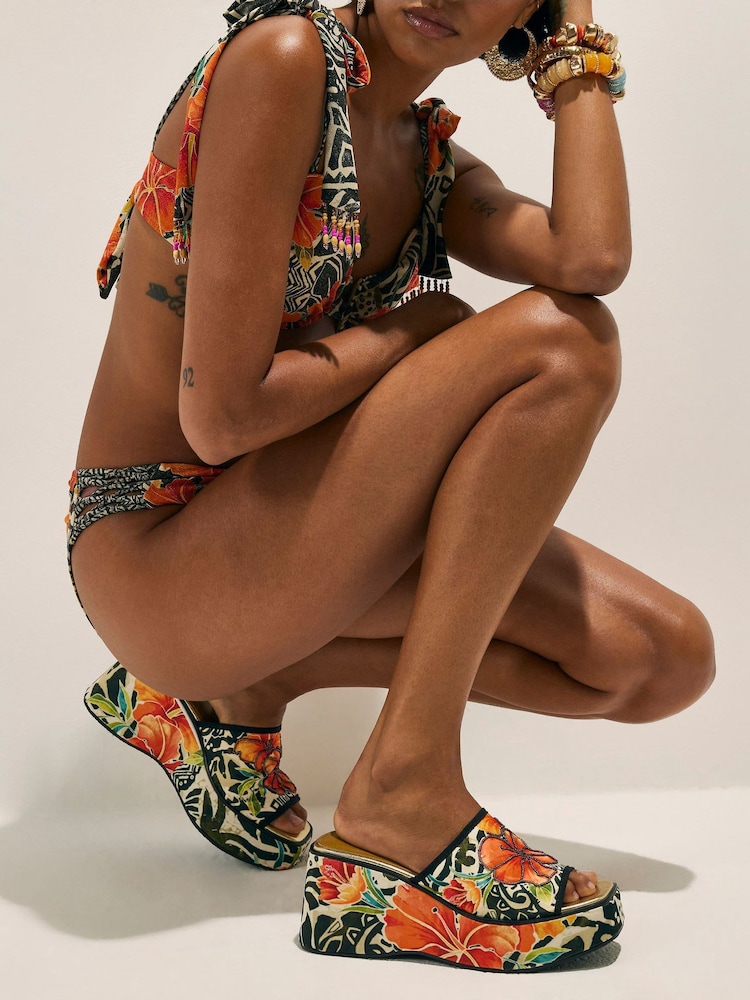 River Island Orange Del Maar Floral Print Mule Wedges - Image 1 of 6 River Island Orange Del Maar Floral Print Mule Wedges - Image 1 of 6