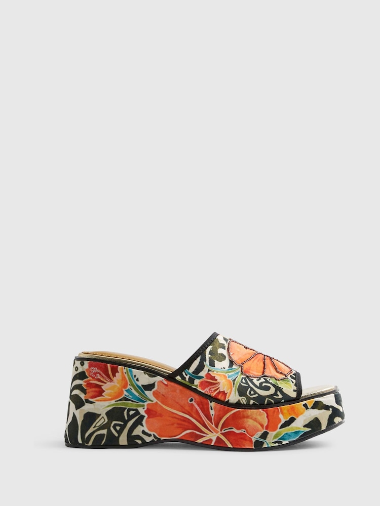 River Island Orange Del Maar Floral Print Mule Wedges - Image 2 of 6 River Island Orange Del Maar Floral Print Mule Wedges - Image 2 of 6