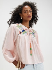 River Island Pink Tropical Embroidered Smock Blouse - Image 1 of 3