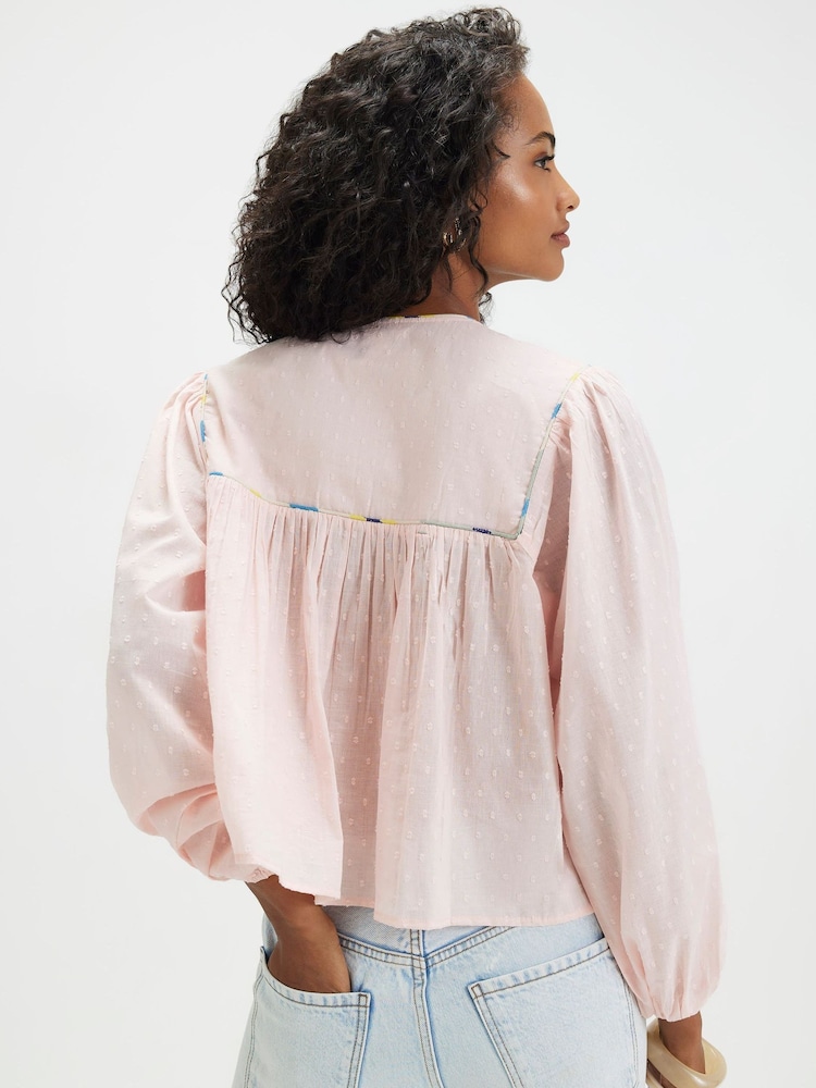 River Island Pink Tropical Embroidered Smock Blouse - Image 2 of 3