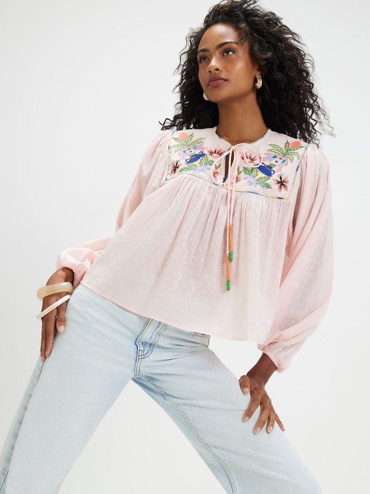 River Island Pink Tropical Embroidered Smock Blouse - Image 3 of 3