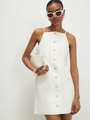 River Island White Sleeveless Linen Look Button Front Mini Dress - Image 2 of 4