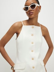 River Island White Sleeveless Linen Look Button Front Mini Dress - Image 3 of 4