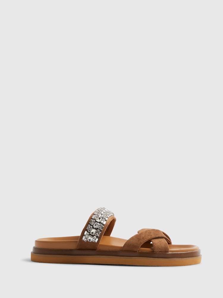 River Island Brown Cross Strap Diamante Sandals - Image 1 of 5
