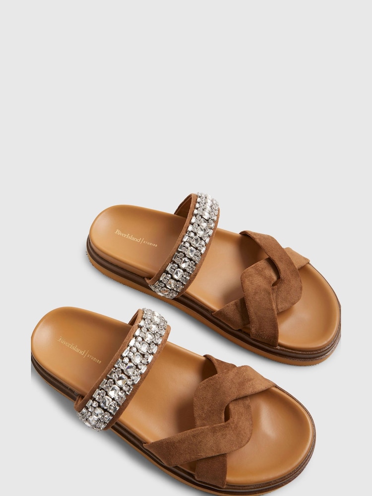 River Island Brown Cross Strap Diamante Sandals - Image 5 of 5