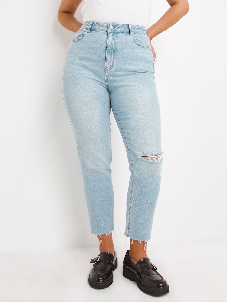 Simply Be Blue Slim Mom Jeans Single Busted Knee - Image 1 of 4