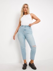 Simply Be Blue Slim Mom Jeans Single Busted Knee - Image 3 of 4