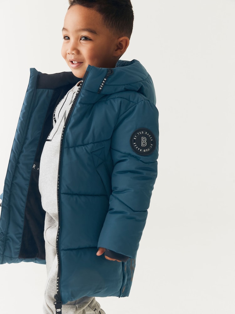 Baker by Ted Baker Wasserabweisender, langer Steppmantel, Blau - Bild 1 von 12 Baker by Ted Baker Wasserabweisender, langer Steppmantel, Blau - Bild 1 von 12