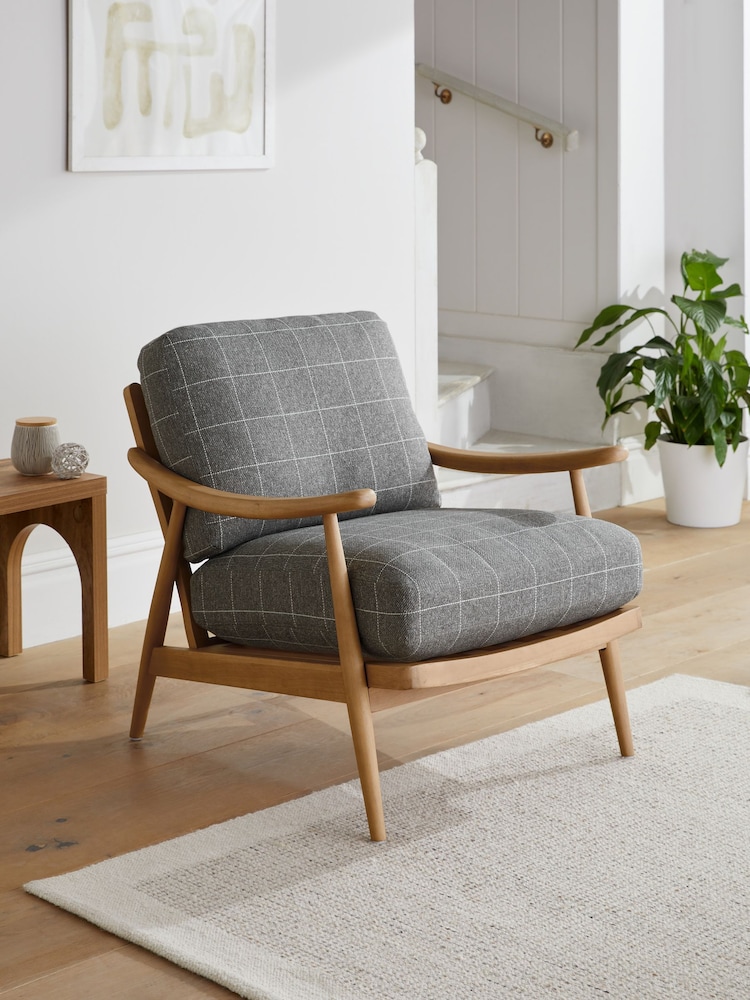 Tweedy Check Lawson Mid Grey, Oak Effect Frame Hampton Wooden Accent Chair - Image 1 of 9