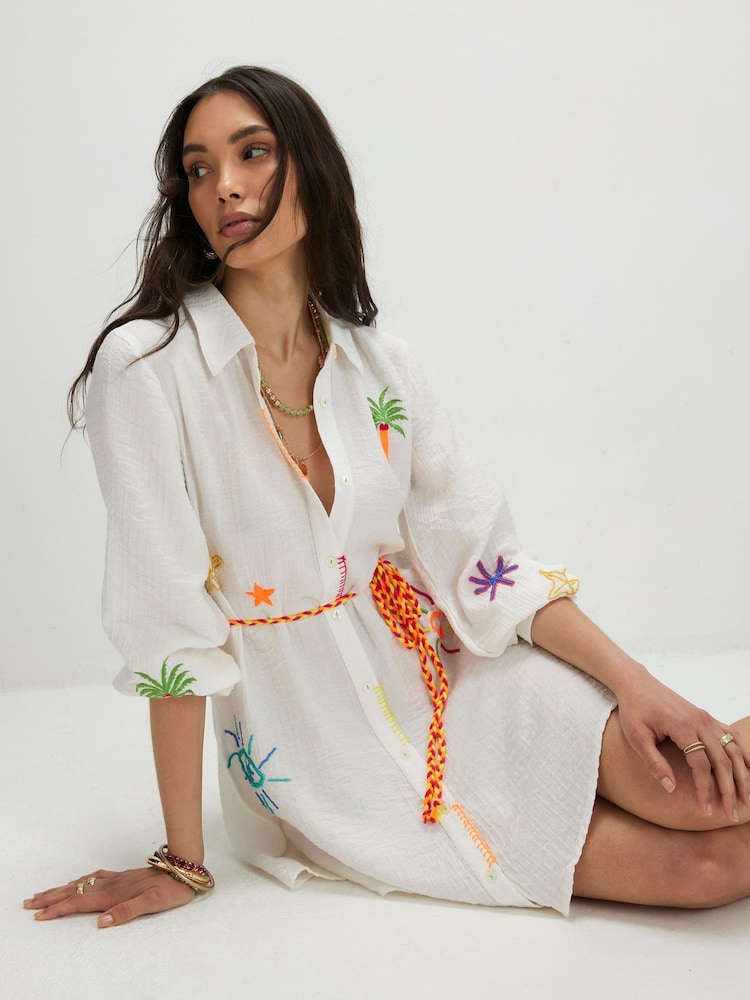 River Island White Print Tie Shirt Dress - Image 1 of 4 River Island White Print Tie Shirt Dress - Image 1 of 4