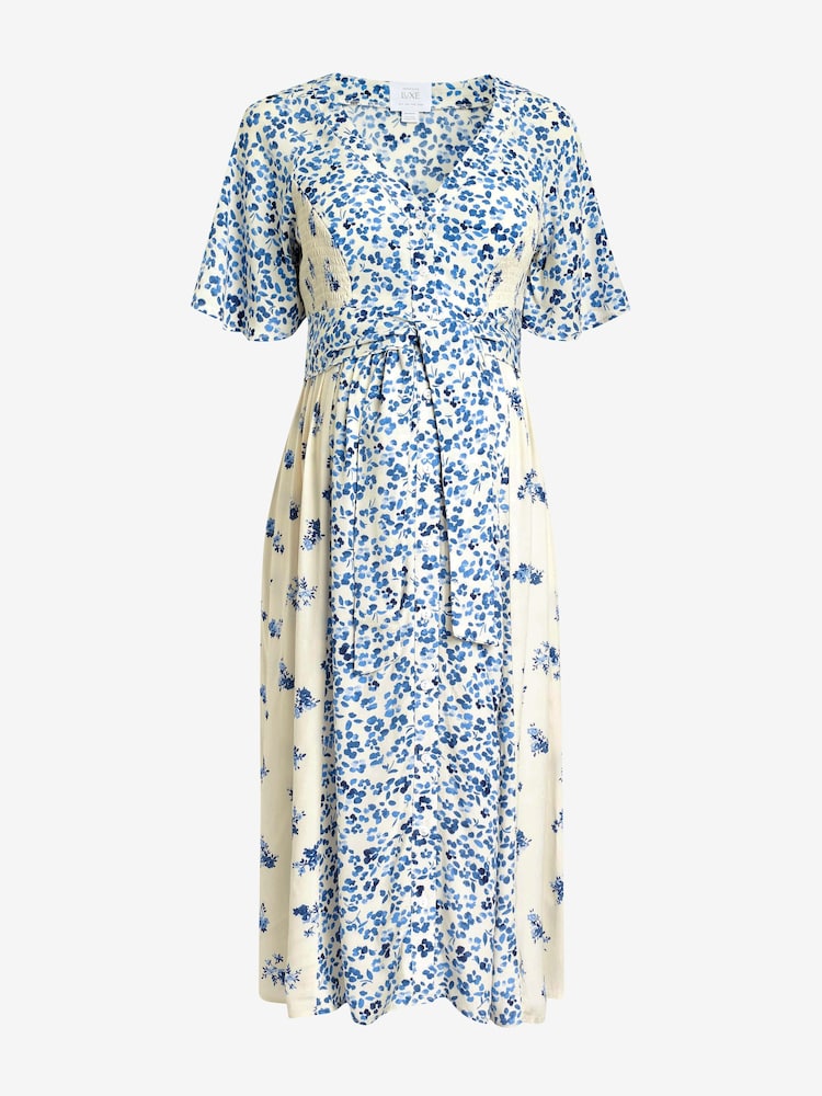 Seraphine Blue Frill Sleeve Maternity Midi Dress - Image 1 of 3