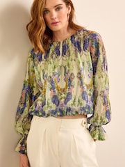 Ecru Cream Floral Long Sleeve Metallic Occasion Top - Image 1 of 7