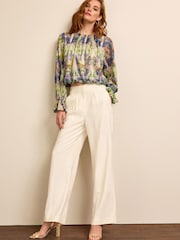 Ecru Cream Floral Long Sleeve Metallic Occasion Top - Image 2 of 7