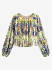 Ecru Cream Floral Long Sleeve Metallic Occasion Top - Image 6 of 7
