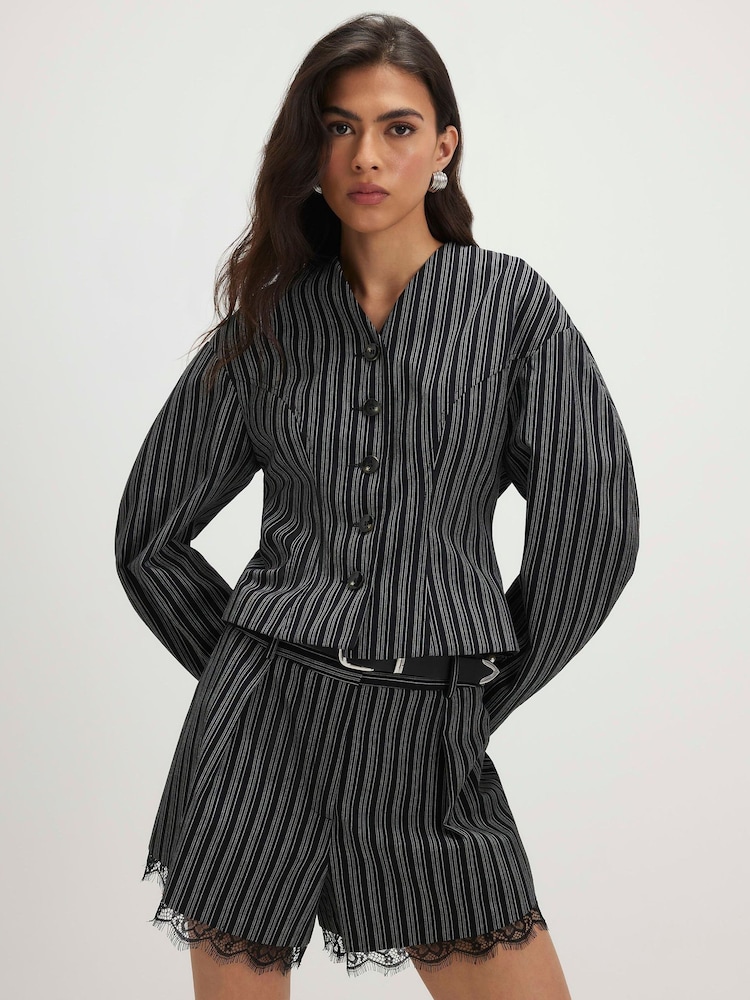 River Island Black Pinstripe Cocoon Sleeve Jacket - Image 1 of 4 River Island Black Pinstripe Cocoon Sleeve Jacket - Image 1 of 4
