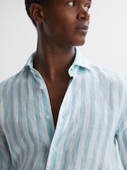 Reiss Aquamarine Stripe Ruban Linen Button-Through Shirt - Image 1 of 5