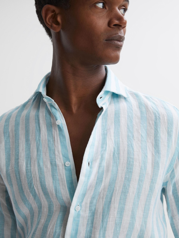 Reiss Aquamarine Stripe Ruban Linen Button-Through Shirt - Image 1 of 5