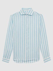 Reiss Aquamarine Stripe Ruban Linen Button-Through Shirt - Image 2 of 5