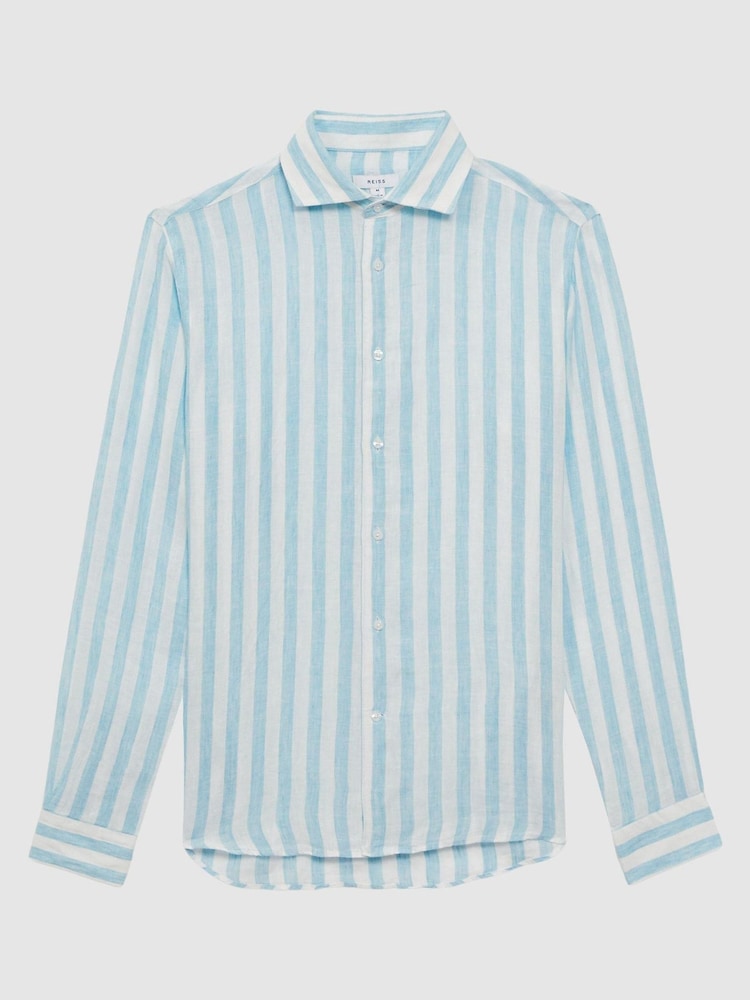 Reiss Aquamarine Stripe Ruban Linen Button-Through Shirt - Image 2 of 5