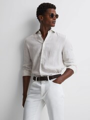 Reiss Oatmeal Stripe Ruban Linen Long Sleeve Shirt - Image 1 of 5