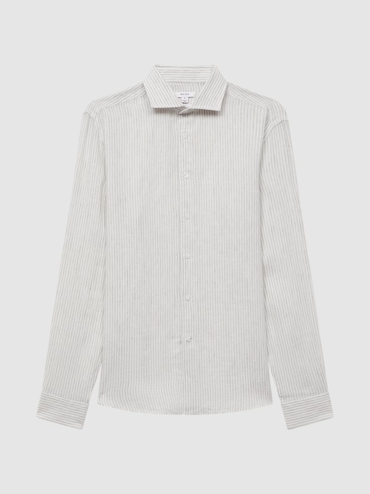 Reiss Oatmeal Stripe Ruban Linen Long Sleeve Shirt - Image 2 of 5