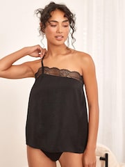 Black Asymmetric Lace Trim Skinny Strap Cami Top - Image 2 of 6