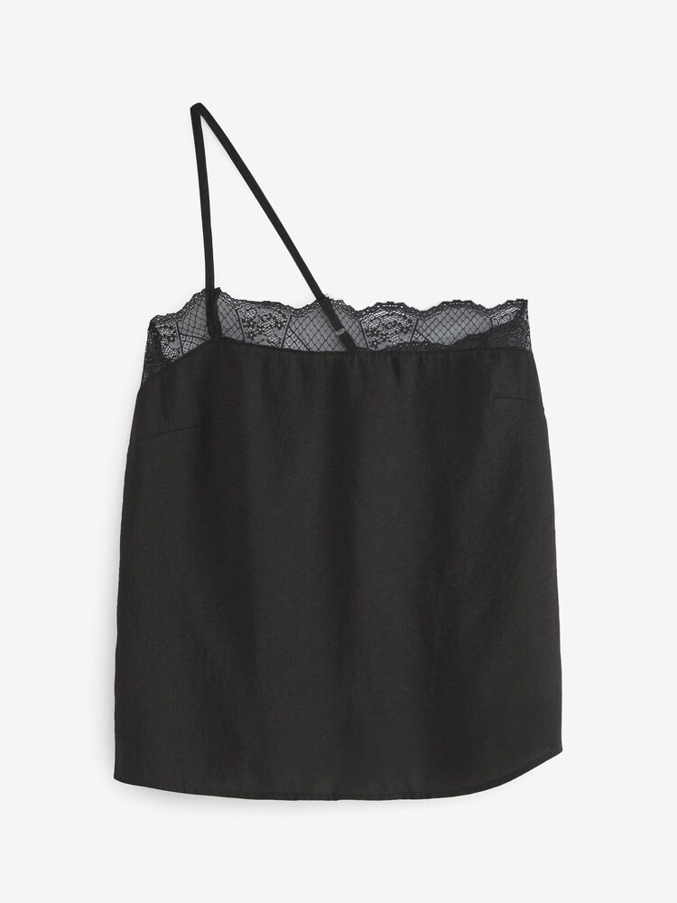 Black Asymmetric Lace Trim Skinny Strap Cami Top - Image 5 of 6