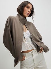 River Island Green Linen Blend Drop Hem Funnel Neck Jacket - Image 1 of 4