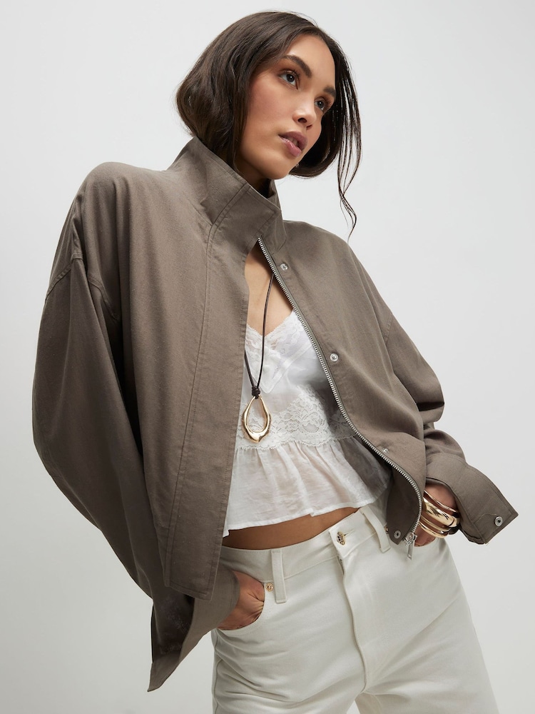 River Island Green Linen Blend Drop Hem Funnel Neck Jacket - Image 1 of 4 River Island Green Linen Blend Drop Hem Funnel Neck Jacket - Image 1 of 4