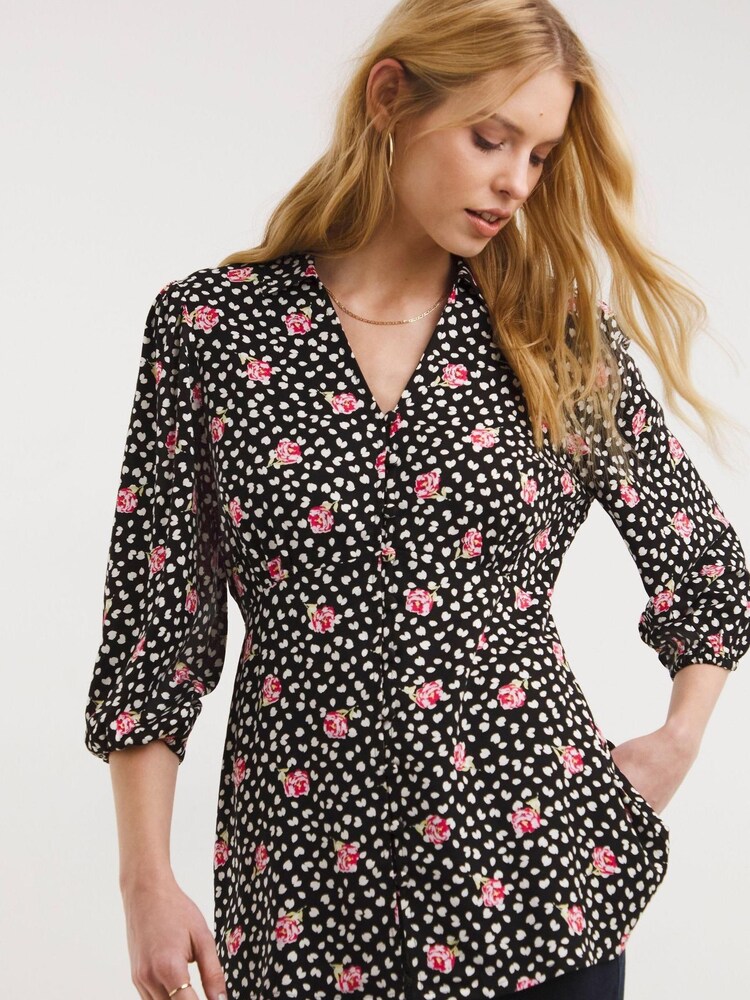 JD Williams Black Multi Floral Zip Front Shirt - Image 1 of 4 JD Williams Black Multi Floral Zip Front Shirt - Image 1 of 4