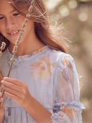 Angel & Rocket Blue Floral Printed Mesh Tiered Dress - Image 5 of 10