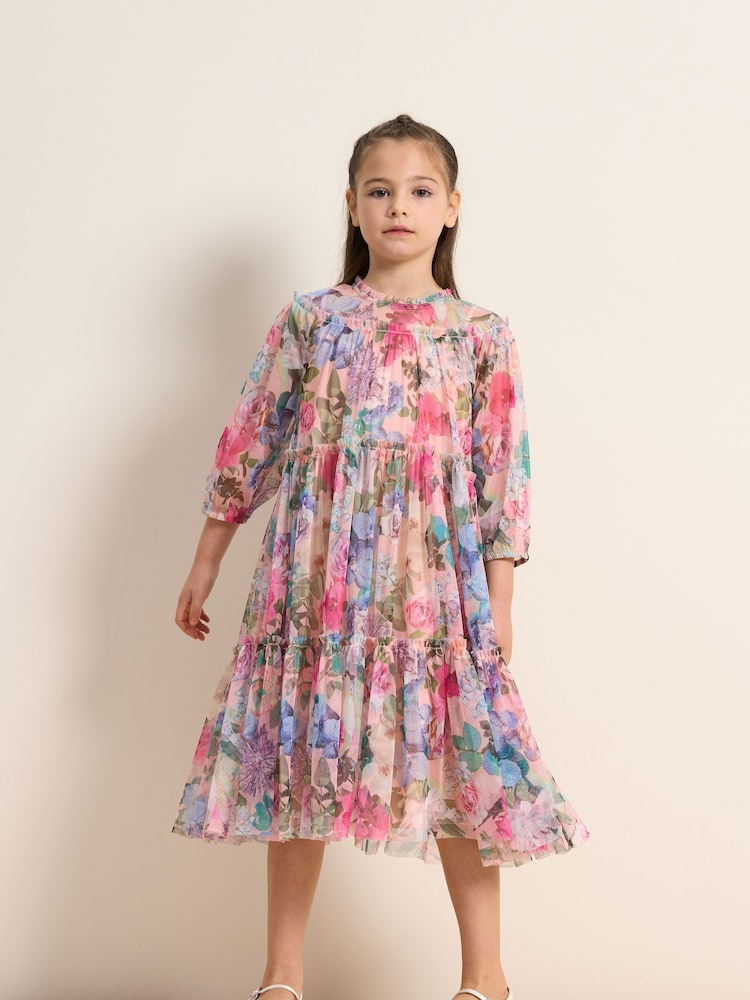 Angel & Rocket Pink/Yellow Floral Eleanor Print Mesh Dress - Image 1 of 5