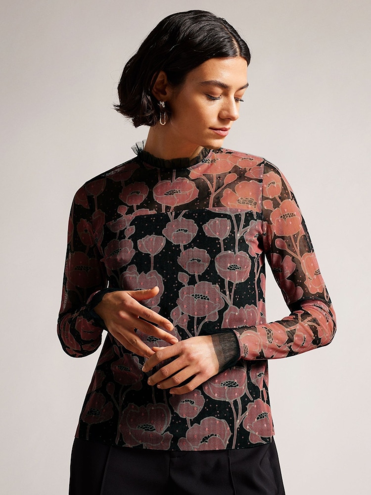Ted Baker Maggann Black Long Sleeved Top With Neck Frills - Image 1 of 5