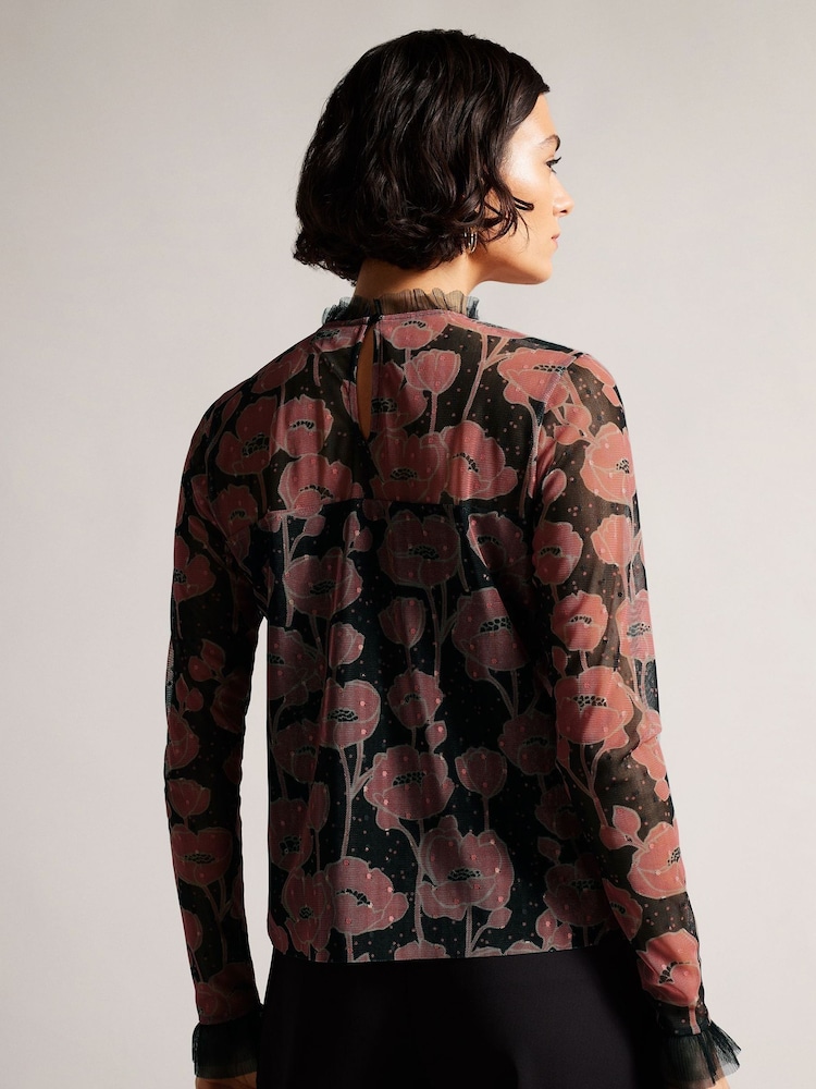 Ted Baker Maggann Black Long Sleeved Top With Neck Frills - Image 2 of 5