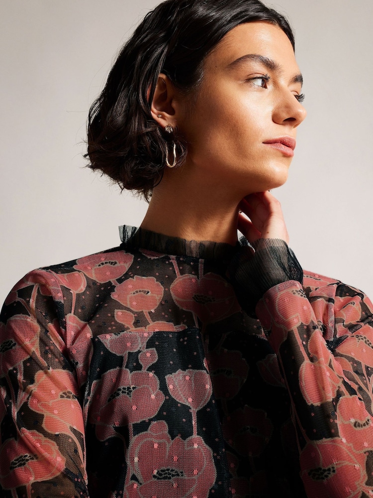 Ted Baker Maggann Black Long Sleeved Top With Neck Frills - Image 4 of 5