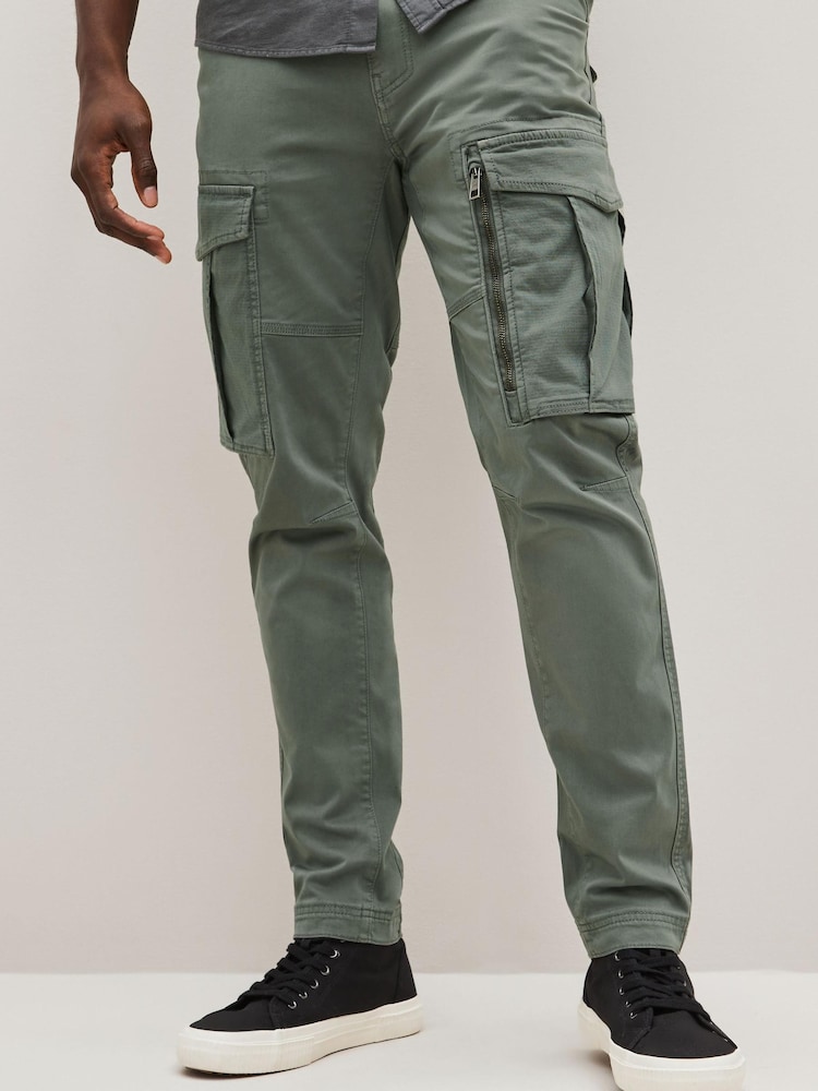Petrol Green Slim Fit Zip Detail Stretch Cargo Trousers - Image 1 of 7