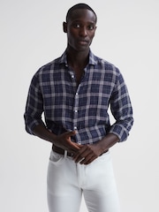 Reiss Blue Check Ruban Linen Long Sleeve Shirt - Image 1 of 7