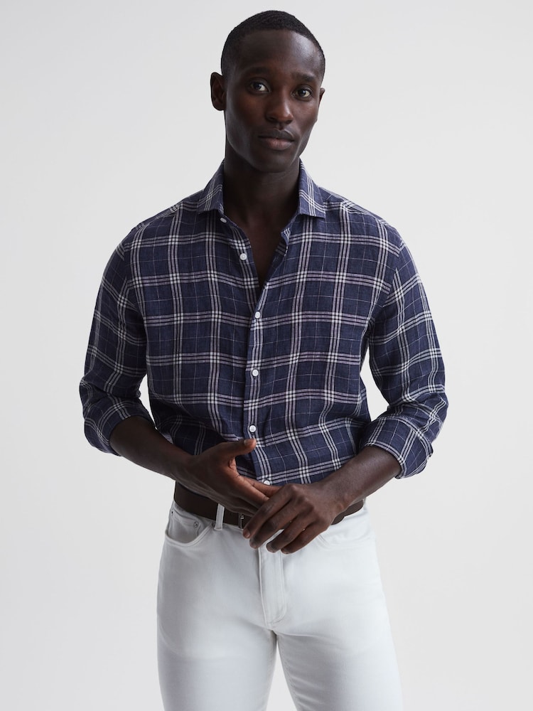 Reiss Blue Check Ruban Linen Long Sleeve Shirt - Image 1 of 7