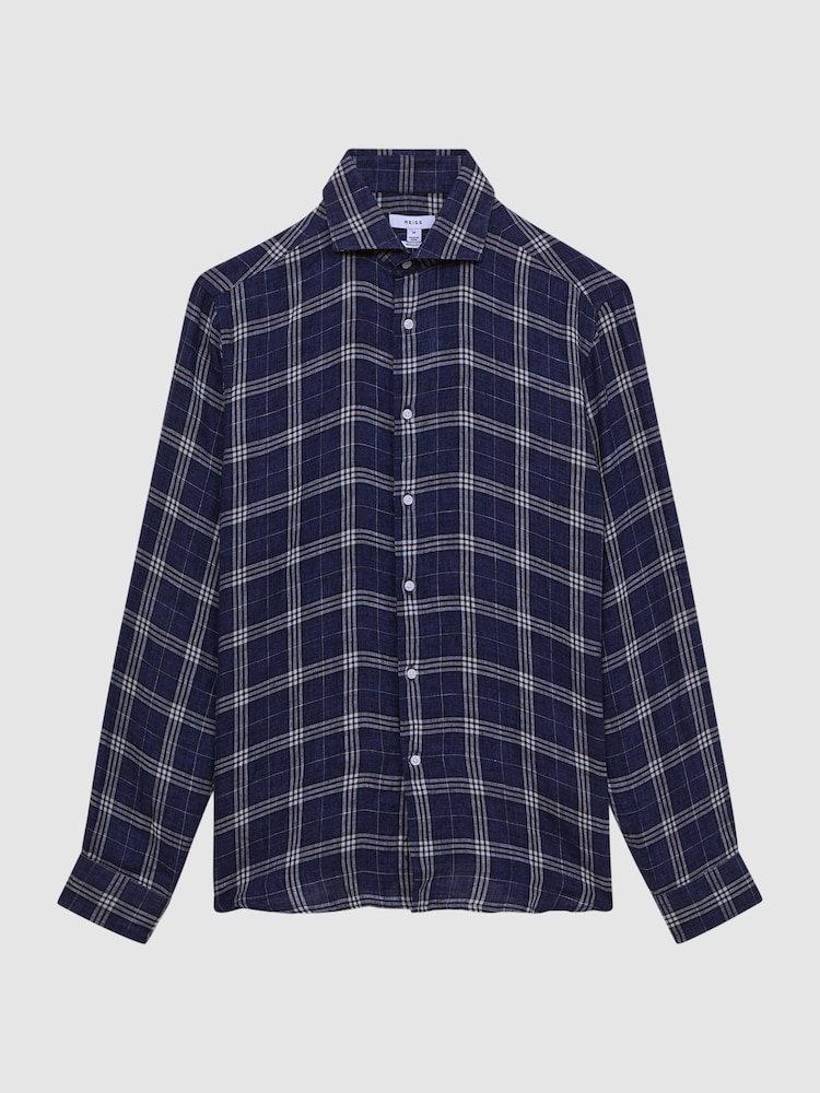 Reiss Blue Check Ruban Linen Long Sleeve Shirt - Image 2 of 7
