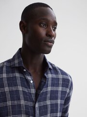 Reiss Blue Check Ruban Linen Long Sleeve Shirt - Image 4 of 7