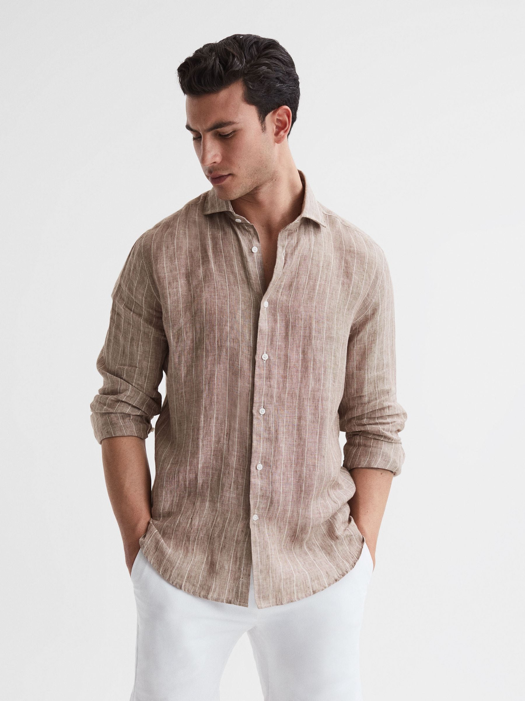 Reiss Oatmeal Wide Stripe Ruban Linen Long Sleeve Shirt In Brown