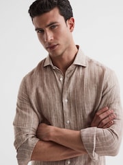 Reiss Oatmeal Wide Stripe Ruban Linen Long Sleeve Shirt - Image 4 of 6