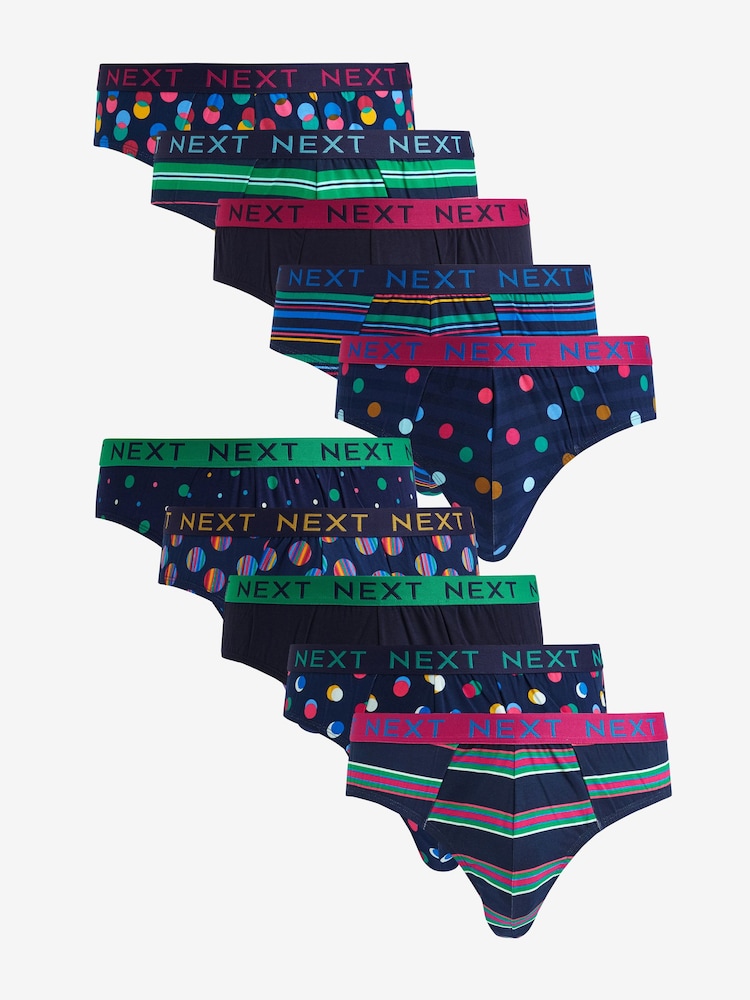 Navy Spot Stripe 10 pack Cotton Rich Briefs - Image 1 of 13