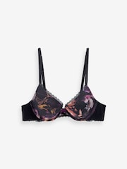 Black/Purple Floral Print Microfibre And Lace Smoothing Push Up Plunge Bra - Image 6 of 8