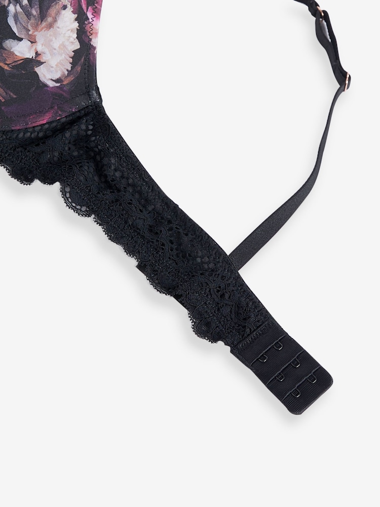 Black/Purple Floral Print Microfibre And Lace Smoothing Push Up Plunge Bra - Image 8 of 8
