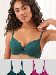Pink/Green Push Up Pad Plunge Lace Bras 2 Pack - Image 2 of 5