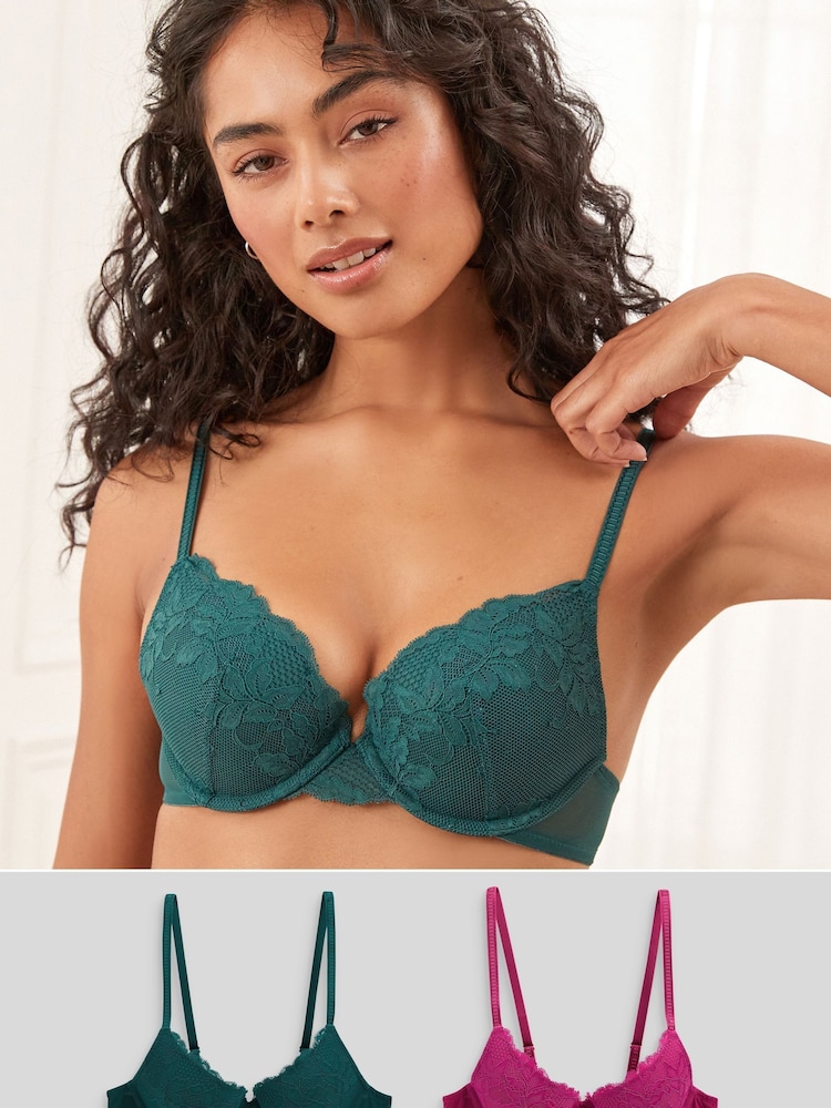 Pink/Green Push Up Pad Plunge Lace Bras 2 Pack - Image 2 of 5
