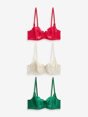 Red/Green/Cream Non Pad Balcony Lace Bras 3 Pack - Image 5 of 8